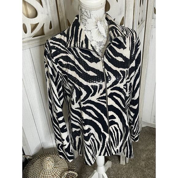 Misook Zebra Print Shiny Paillettes Full Zip Jacket Black White Size Large - Picture 1 of 7